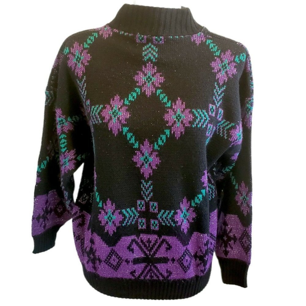 Vintage 80s Acrylic Black Geometric‎ Sweater Purple Mockneck Sz S/M